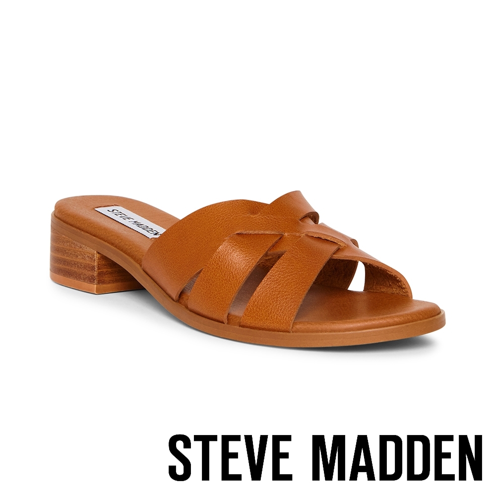 STEVE MADDEN-DANNIE 實搭簡約編織交叉粗跟拖鞋-棕色