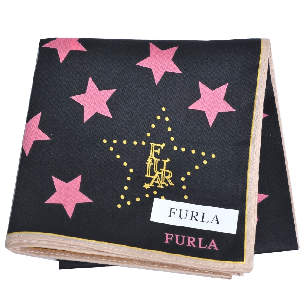 FURLA 繽紛星星圖騰品牌字母LOGO帕領巾(黑/粉邊)