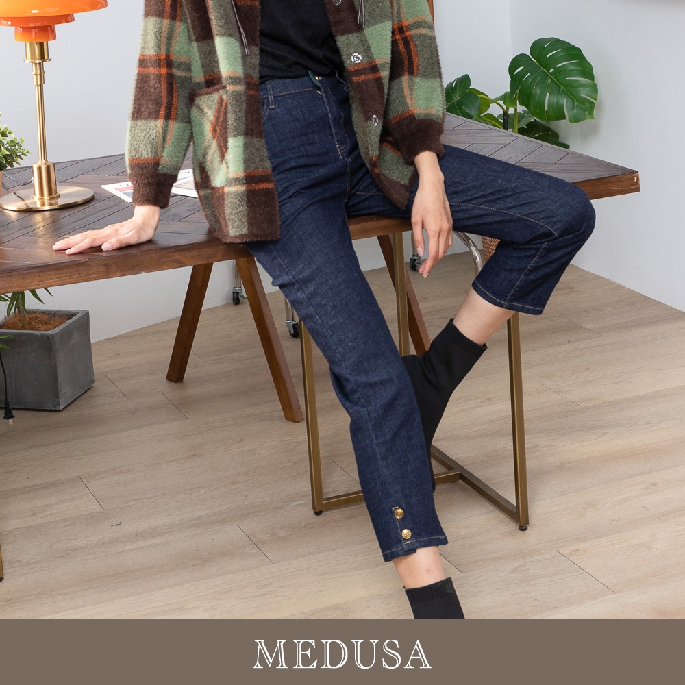 現貨【MEDUSA 曼度莎】I'care 雙釦褲腳直筒牛仔長褲（L-XL）｜女長褲 褲子 牛仔褲