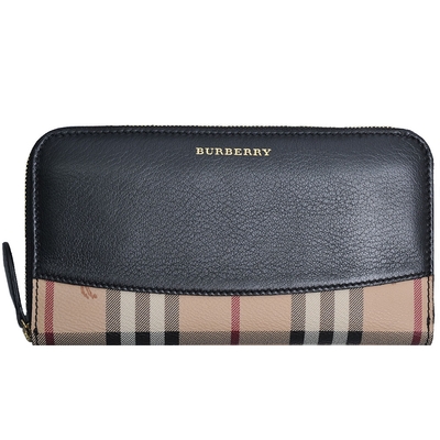 BURBERRY MAYMARKET 經典戰馬格紋及皮革繞式拉鍊皮夾(經典色/黑皮革/39343891)