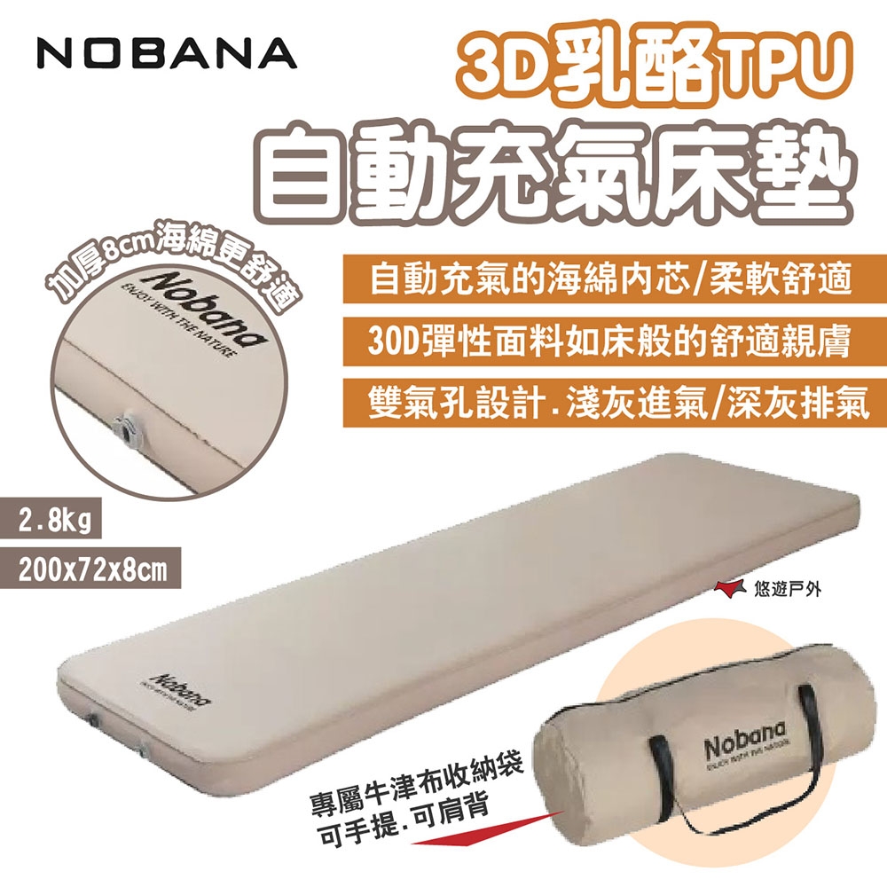 NOBANA 3D乳酪TPU自動充氣床墊 厚8cm 附收納袋 海綿內芯 雙氣孔 露營 悠遊戶外