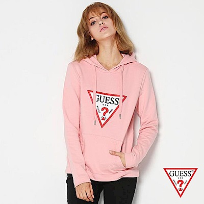 GUESS-女裝-經典倒三角LOGO連帽上衣-粉