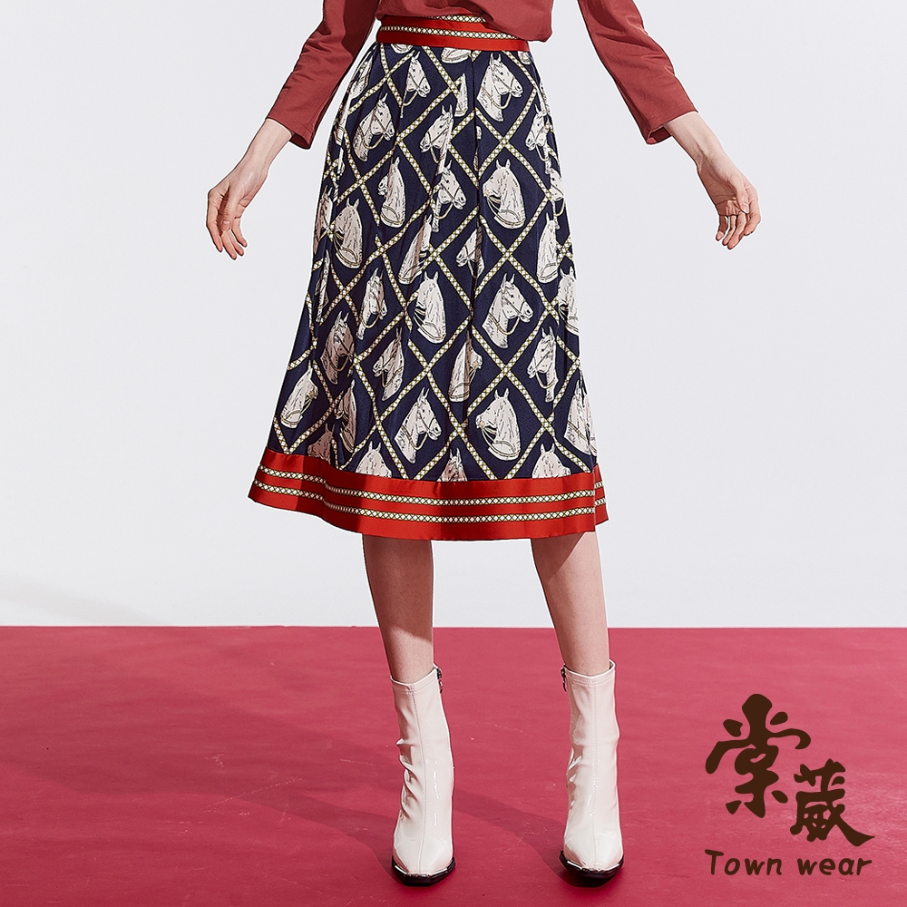 【TOWNWEAR棠葳】歐式莊園滿版印花仿絲中長裙(女下身/女下著/拉鍊/裙子/拼接)