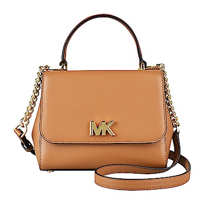 MK MICHAEL KORS MOTT金字LOGO牛皮鏈帶轉釦手提斜背包(小/橡子棕)