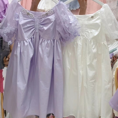 BBHONEY-小個子女孩必備重工珍珠蝴蝶結公主泡泡袖短洋裝