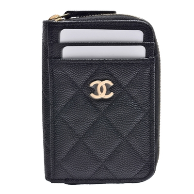 CHANEL 經典菱格粒紋小牛皮雙C LOGO拉鍊卡夾/零錢包(黑色)