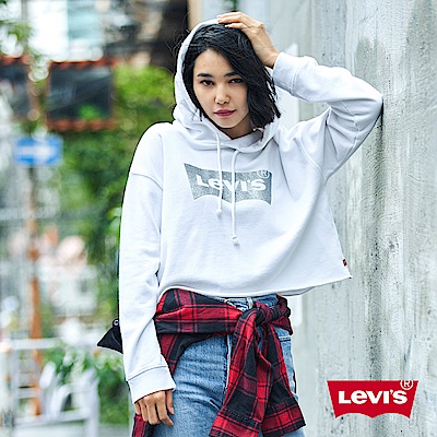 Levis 女款 短版帽T 亮粉Logo