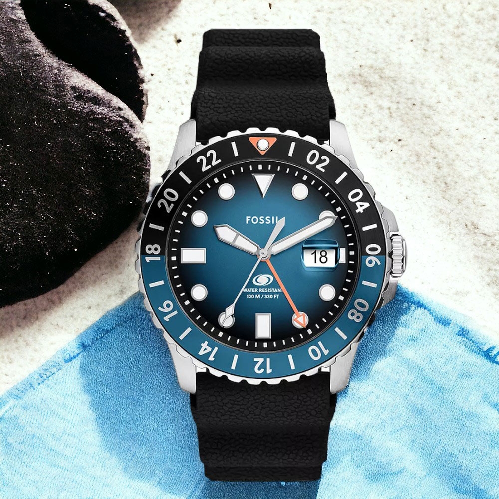 FOSSIL  Blue 漸層藍海 GMT 黑色矽膠錶帶 手錶 男錶-FS6049