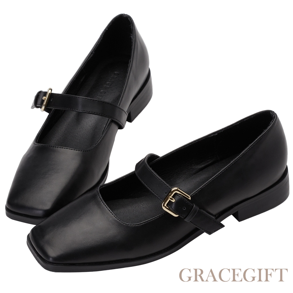 【Grace Gift】素面方頭瑪莉珍鞋 黑