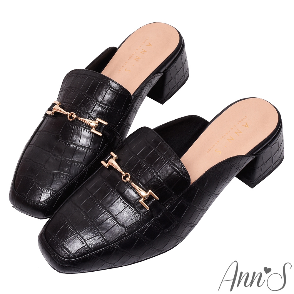 Ann’S自己喜歡最重要-石頭紋金扣粗跟方頭穆勒鞋-黑