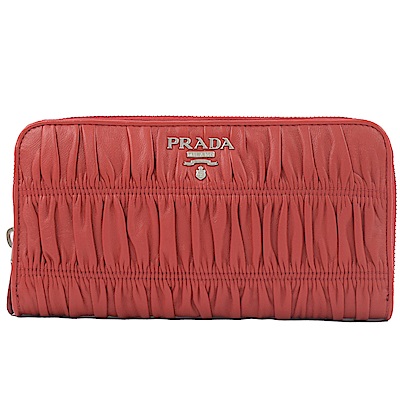 PRADA 金屬LOGO小羊皮抓皺ㄇ字拉鍊長夾(紅)