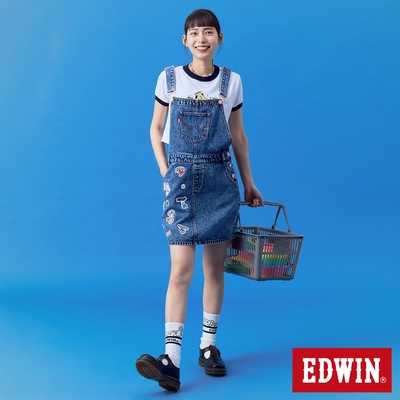 EDWIN BT21徽章吊帶丹寧短裙-女-石洗藍