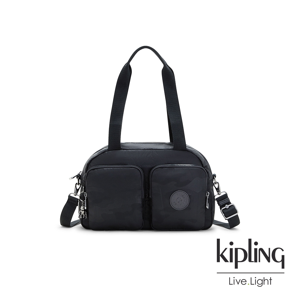 Kipling 中性紳黑迷彩印花多口袋實用斜背包-COOL DEFEA