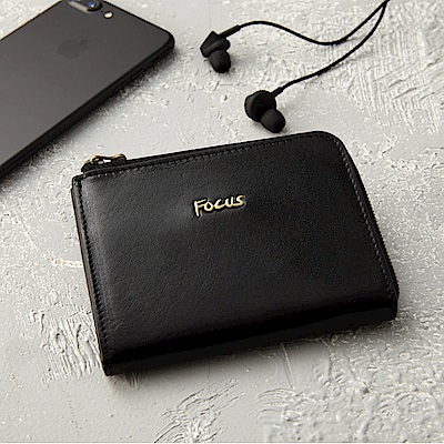 FOCUS原皮時尚黑L型短夾零錢包(FGA0089)