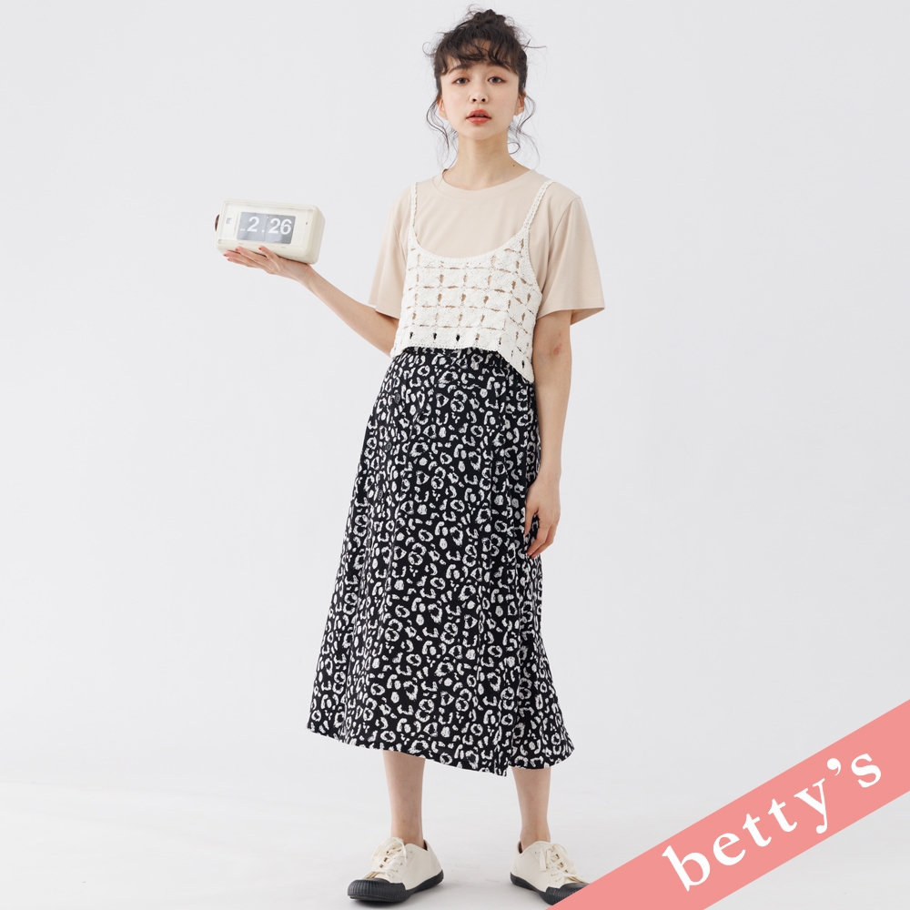 betty’s貝蒂思　腰鬆緊時尚豹紋排釦雪紡長裙(黑色)