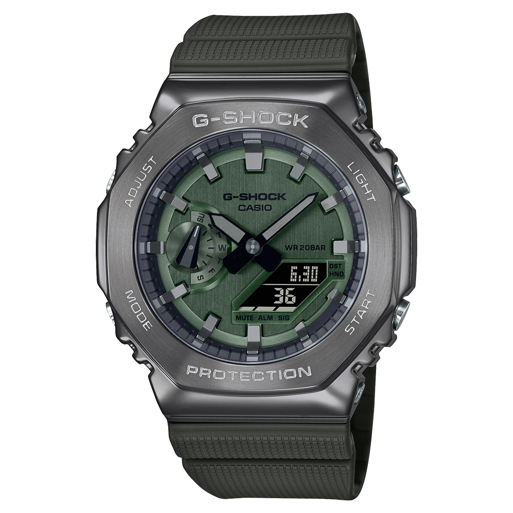 CASIO卡西歐 G-SHOCK 八角金屬錶殼 雙顯手錶-灰x綠_GM-2100B-3A_44.4mm