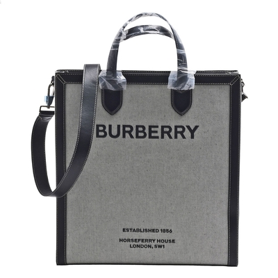 BURBERRY 經典品牌LOGO帆布皮革飾邊直立手提/斜背方包(大-黑灰色)