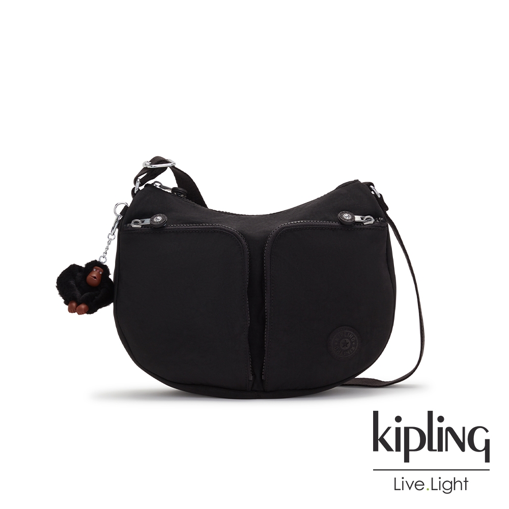 Kipling 極簡俐落黑拉鍊式多口袋肩背包-ERICO