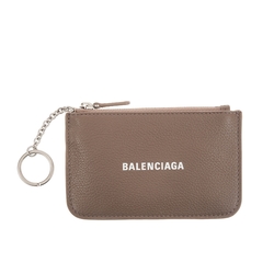 BALENCIAGA 經典品牌LOGO牛皮拉鍊鑰匙鎖扣零錢包 (卡其色)