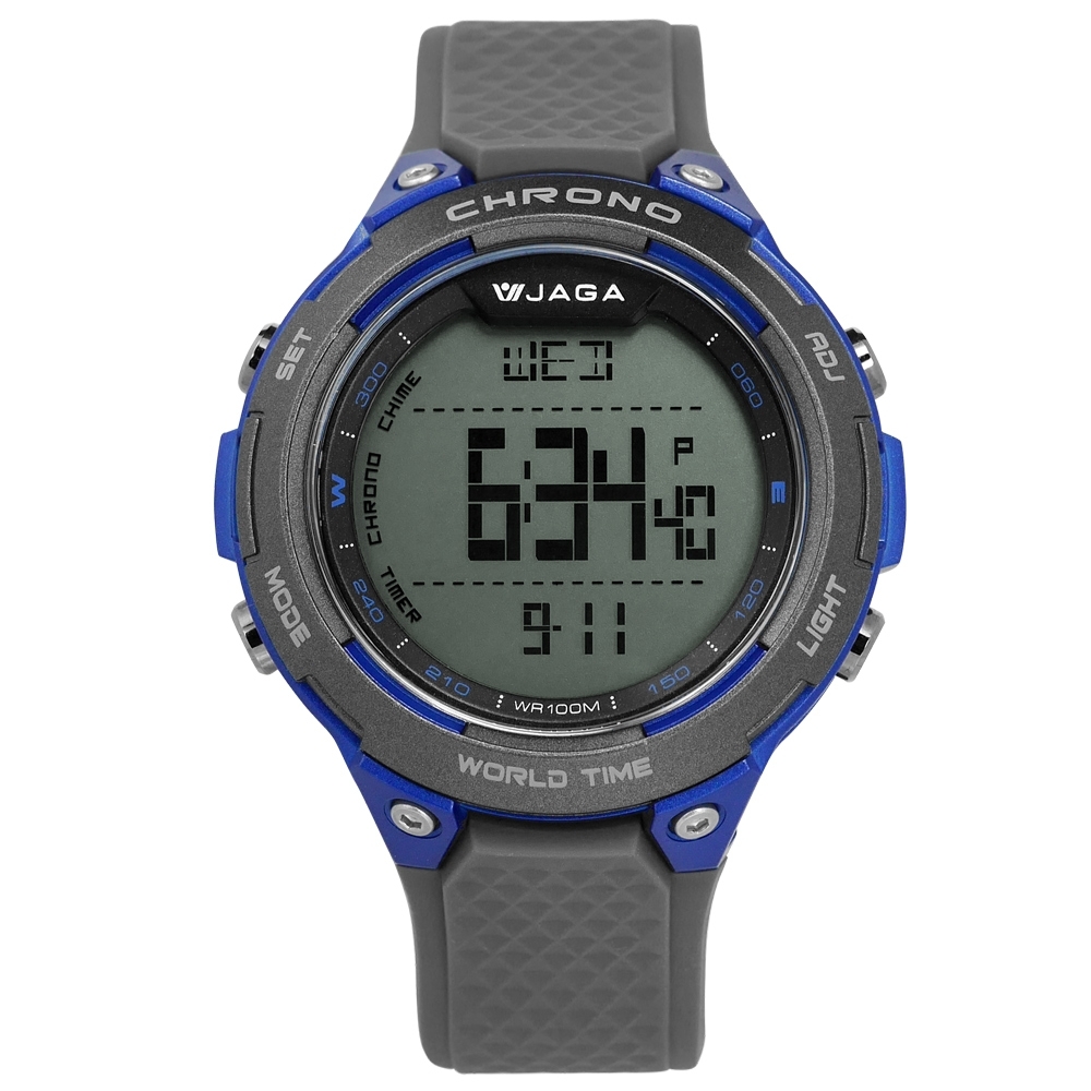 JAGA 捷卡 電子運動 倒數計時 計時碼錶 鬧鈴 防水100米 橡膠手錶-灰藍/48mm