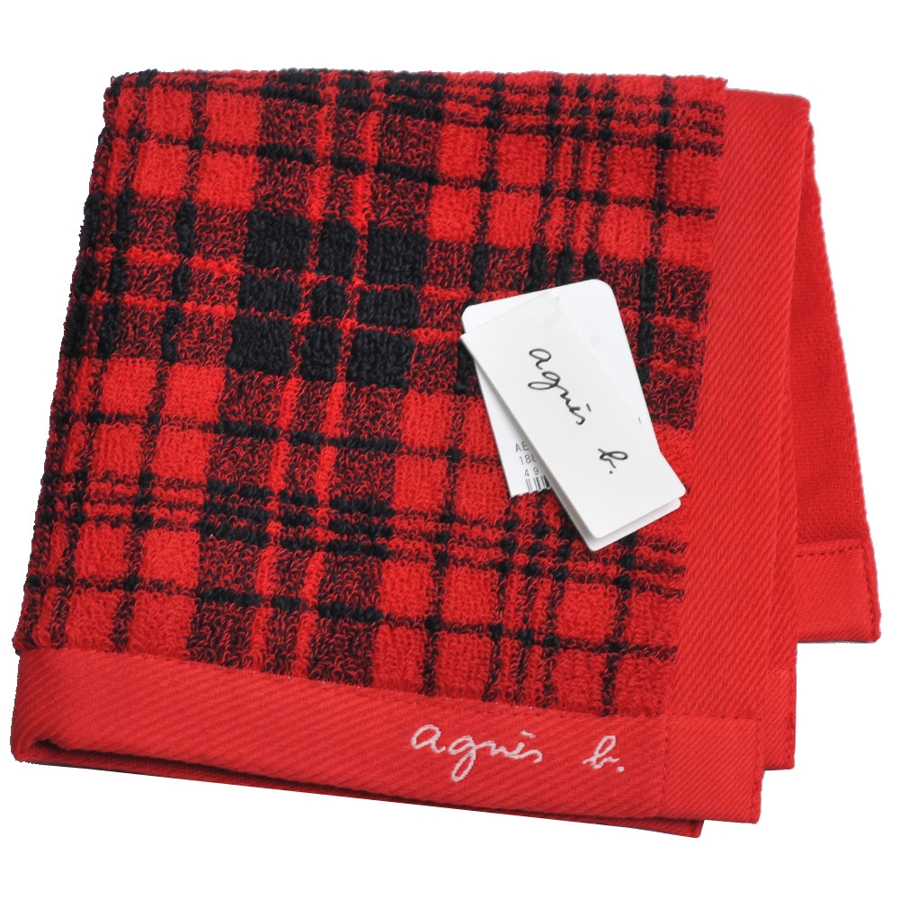 agnes b 優雅蘇格蘭格紋字母品牌b. LOGO刺繡圖騰小方巾(紅黑格)