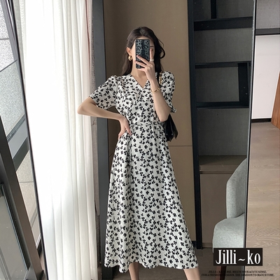 JILLI-KO 韓版復古碎花寬鬆顯瘦長款泡泡袖連衣裙- 黑色