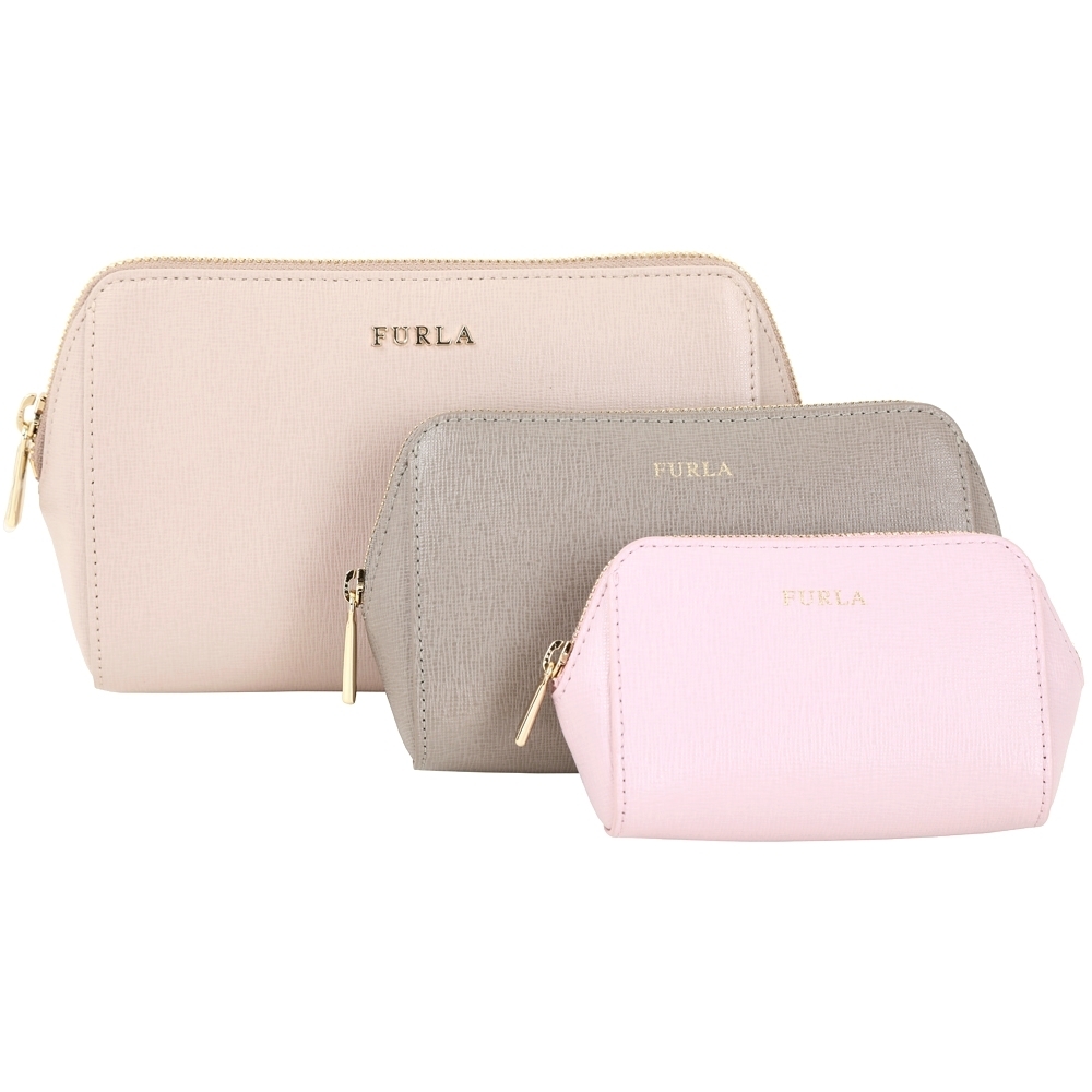 FURLA Elettra 三尺寸防刮皮革萬用化妝包組(藕粉色系)