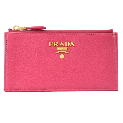 PRADA 金屬LOGO質感山羊皮6卡隨身卡片零錢包(桃粉)