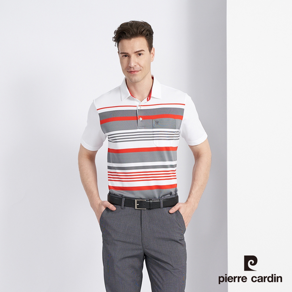 Pierre Cardin皮爾卡登 男裝 吸濕排汗網眼橫條定位短袖Polo衫-灰色(5227202-95)