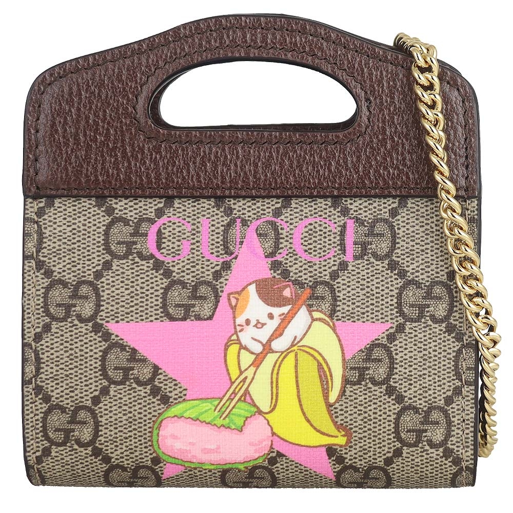 GUCCI Bananya 防水布咖啡色皮革提背短夾