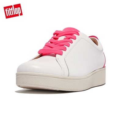 【FitFlop】RALLY NEON POP LEATHER SNEAKERS 螢光撞色繫帶休閒鞋-女(都會白/螢光粉)