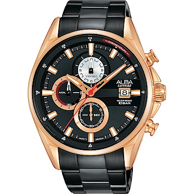 ALBA雅柏 年輕世代計時手錶(AM3598X1)-黑x玫塊金/43mm