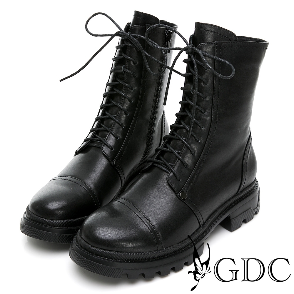 GDC-英倫風百搭素色真皮馬丁綁帶厚底短靴-黑色