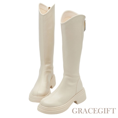 【Grace Gift】V口顯瘦後拉圓頭厚底長靴 米白