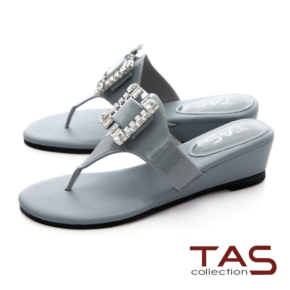 TAS華麗白鑽飾扣夾腳小坡跟涼拖鞋-淺藍灰