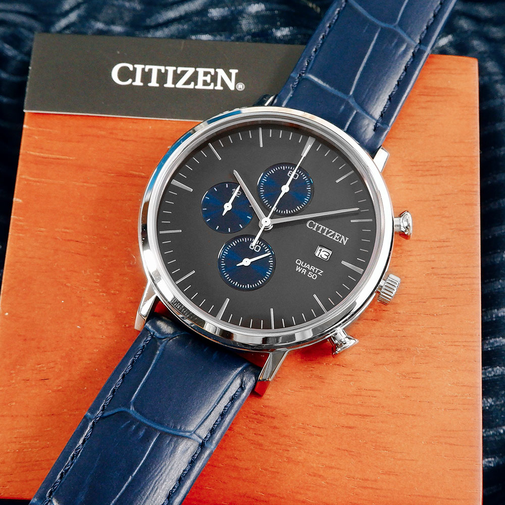 CITIZEN 三眼計時 礦石強化玻璃 日期視窗 日本機芯 真皮手錶-灰x藍/41mm