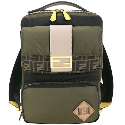 FENDI Baguette 雙前袋尼龍拼接小牛皮後背包(軍綠色)