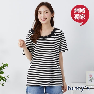 betty’s網路款 V領蕾絲條紋寬版T-shirt(黑色)