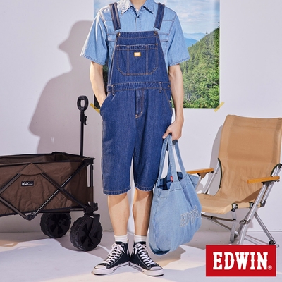 EDWIN 橘標 寬版吊帶牛仔短褲-男-中古藍