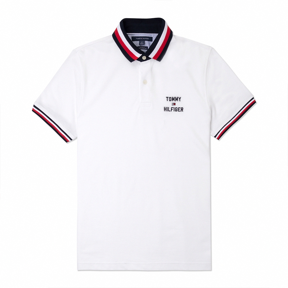 Tommy Hilfiger 熱銷刺繡領滾邊文字Logo短袖Polo衫(CUSTOM FIT)-白色