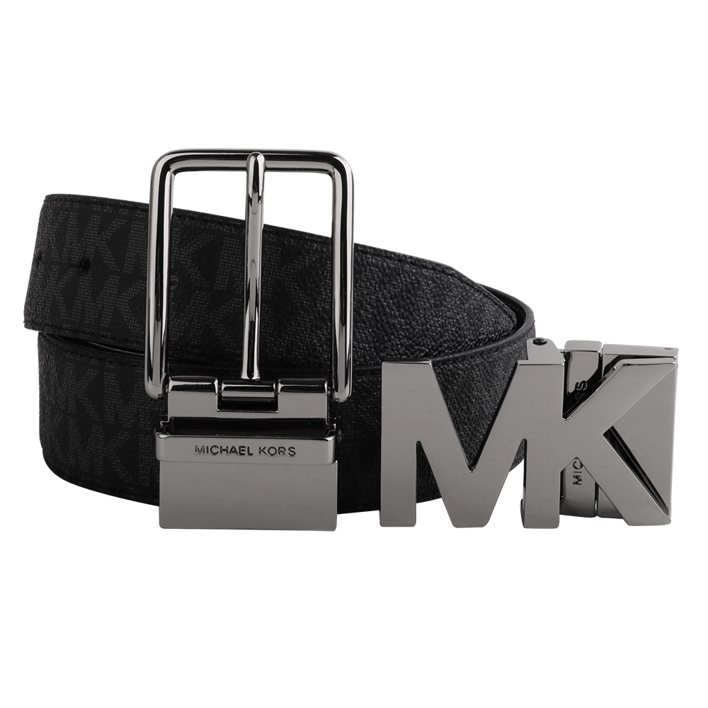 MICHAEL KORS  MK& 穿式雙皮帶頭滿版LOGO皮帶禮盒(黑灰)