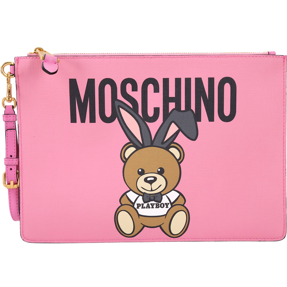 MOSCHINO Playboy 兔耳泰迪熊圖案大型手拿包(桃粉)