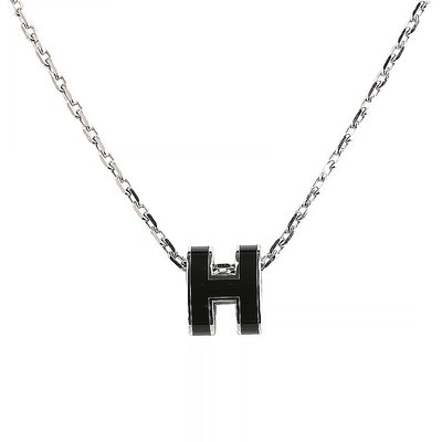 HERMES Mini Pop精工金屬H吊墜LOGO簍空橢圓形設計鉤扣項鍊(黑x銀)