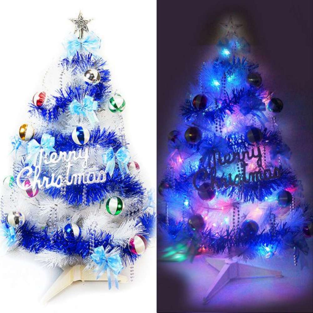 摩達客 3尺(90cm)特級白色松針葉聖誕樹(馬卡龍藍銀色系+100燈LED燈彩光)附控制器