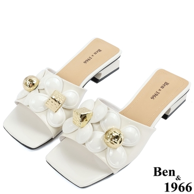 Ben&1966高級牛漆皮優雅造型花朵涼拖鞋-米白(226412)