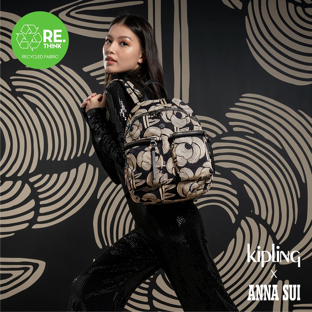 Kipling x ANNA SUI 復古黑金玫瑰印花拉鍊式飄帶後背包-KEZIA | 後背包 | Yahoo奇摩購物中心