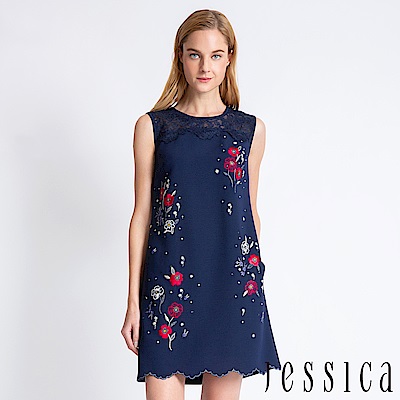 JESSICA - 刺繡花朵蕾絲拼接洋裝（深藍）