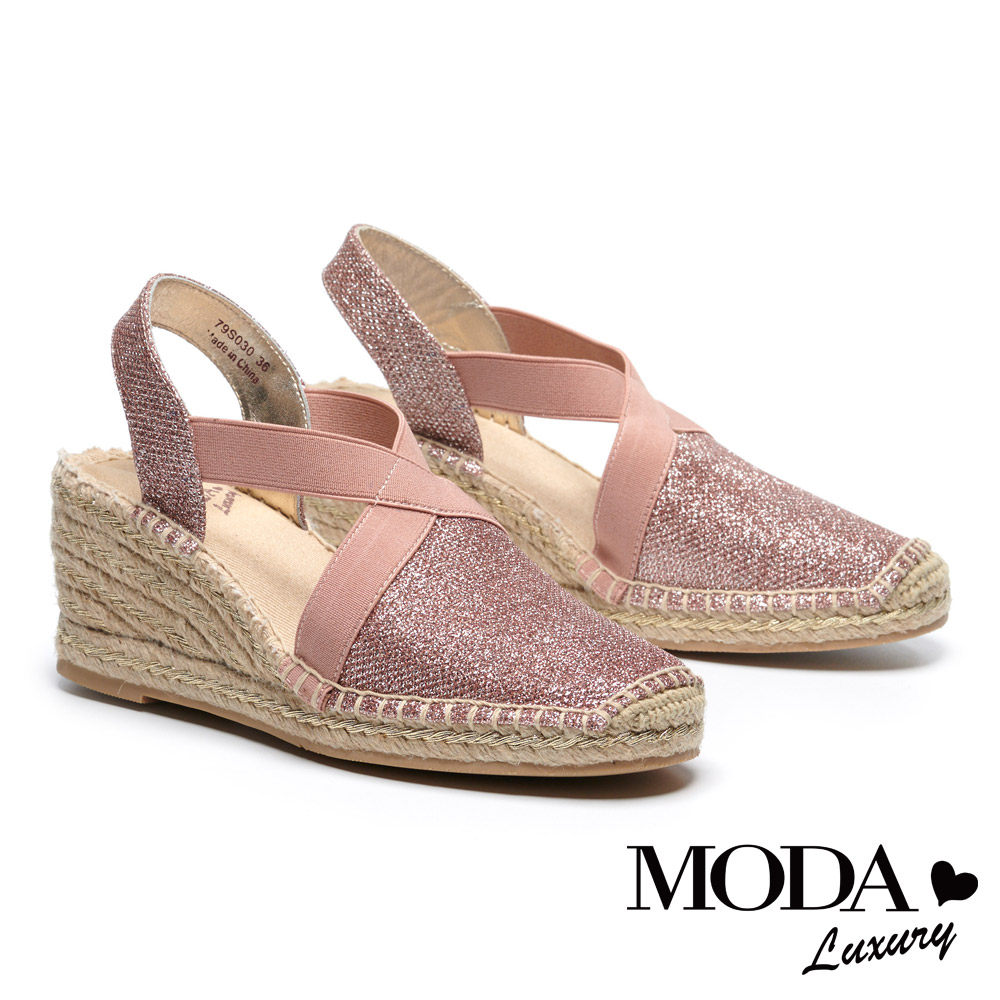 涼鞋 MODA Luxury 閃亮渡假風交叉帶草編厚底楔型涼鞋－粉