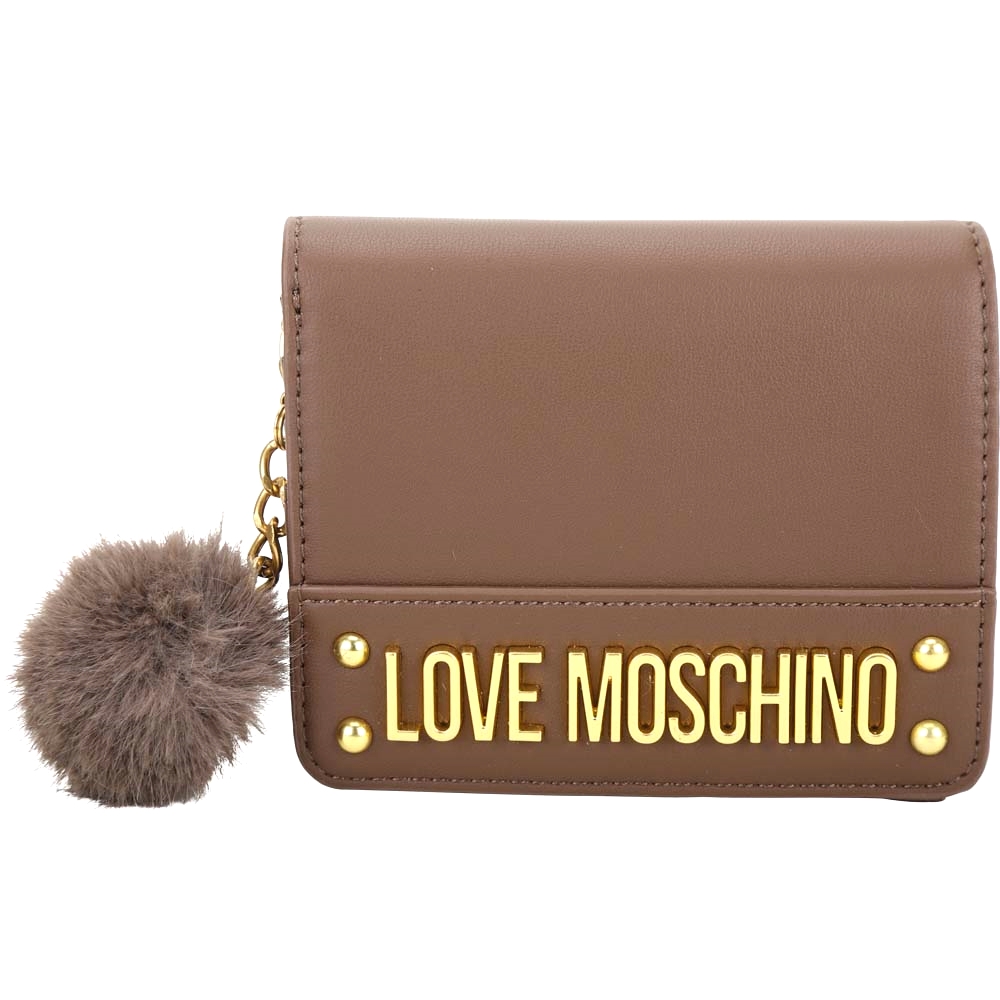 LOVE MOSCHINO 可拆毛球吊飾字母對折釦短夾(咖啡色)