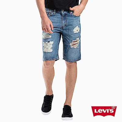 Levis 男款 牛仔短褲 上寬下窄 541 寬鬆舒適 貓鬚破壞 格紋補丁